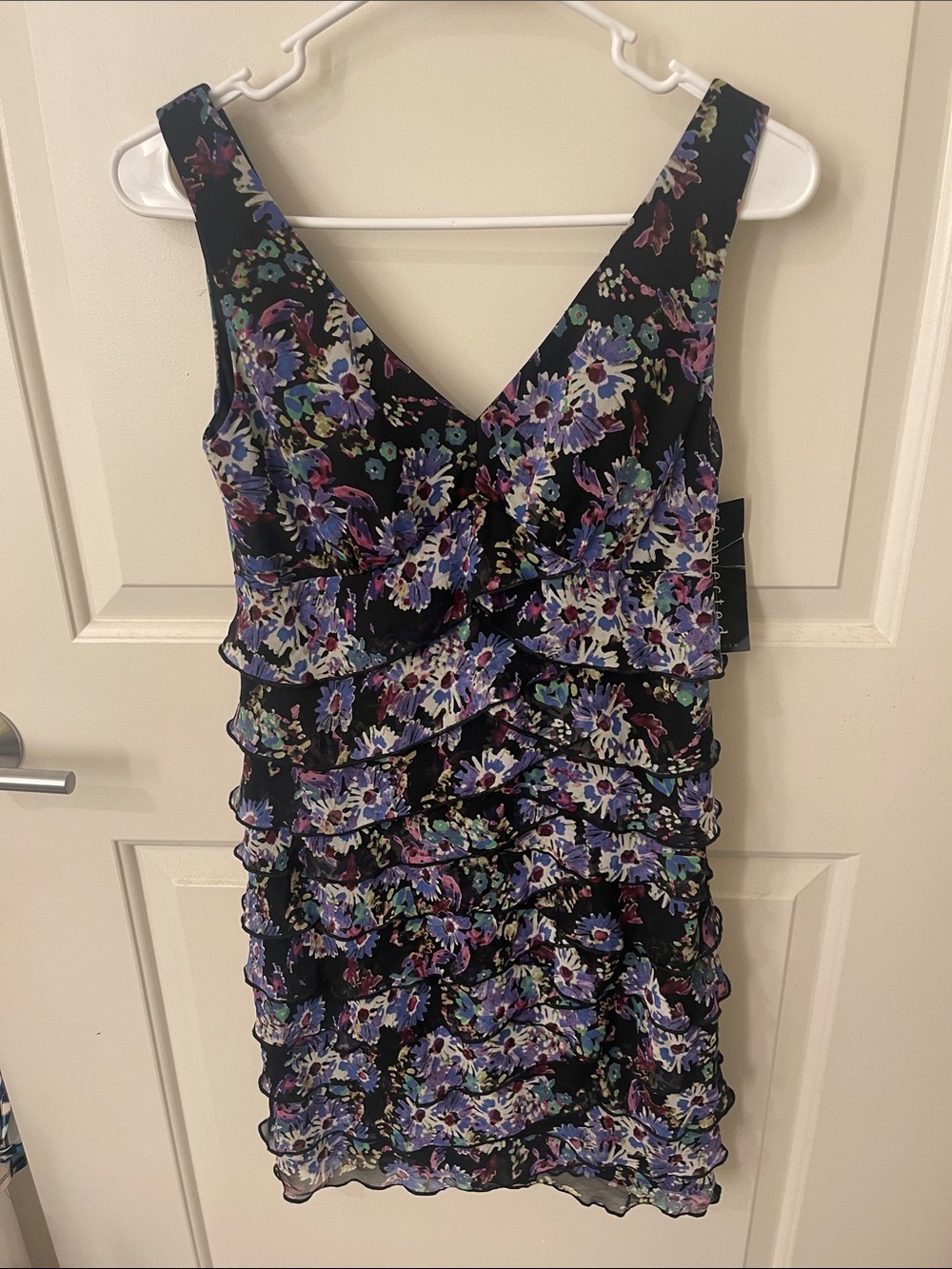 connected apparel Black Mini Dress with Purple & Blue Floral Print